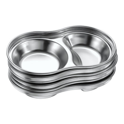 uxcell 6 Pack Stainless Steel Dish Dipping Bowls with 2 Round Compartment Divided, Metal Seasoning Plate Dipping Bowl for Condiment Home Party Restaurant Picnic Travel, Silver