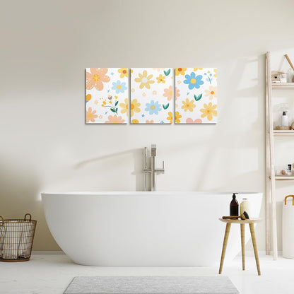 Feelyou Cute Flower 3 Piece Canvas Wall Art for Living Room Bedroom Cartoon Cute Floral Office Decor Artwork Bright Yellow Wall Art for Home Decor Kawaii Picture Posters