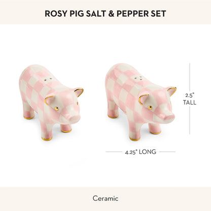 MACKENZIE-CHILDS Set of 2 Ceramic Salt and Pepper Shakers, Kitchen Table Accessories, Pink-and-White Rosy Pig