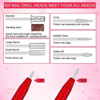 Portable Electric Nail Drill Machine, Professional 20000 RPM USB Manicure Pedicure Drills for Acrylic Nails Gel Polishing Shape Tools