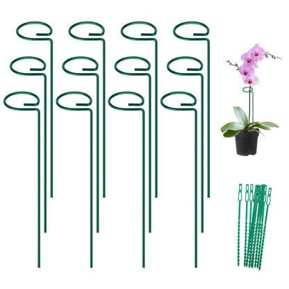FEED GARDEN 16 Inch 12 Pack Plant Support Stakes, Metal Garden Flower Stakes and Supports for Outdoor Plants, Plant Stem Support with 24 Twist Ties for Amaryllis Lily Rose Peony Tomatoes Gladiolus