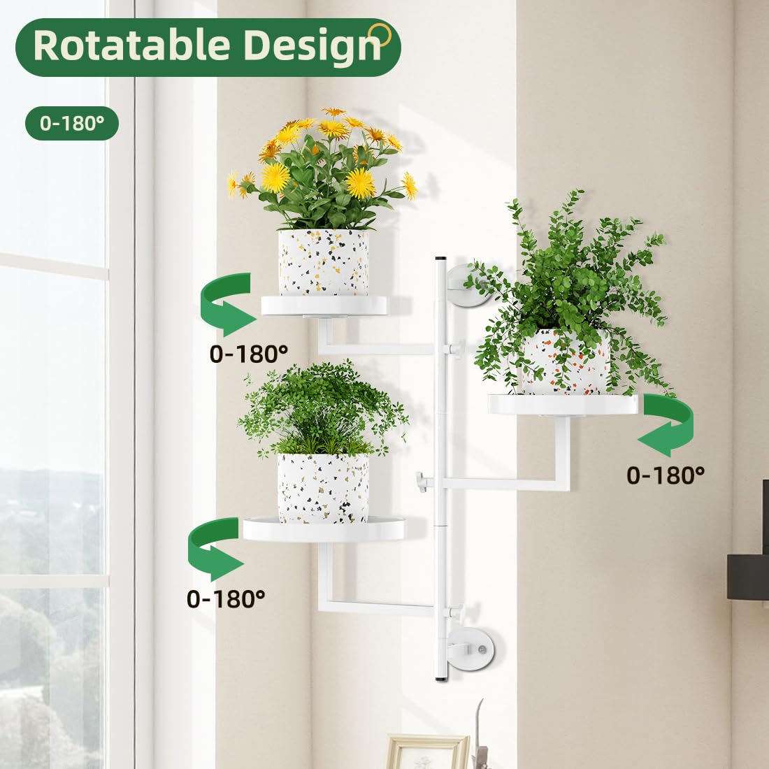 Gaoymsym Wall Mount Plant Holder Outdoor Rotating Window Plants Shelves Metal Wall Plant Stand 3 Tier Wall Planters for Indoor Plants, for Outdoor, White