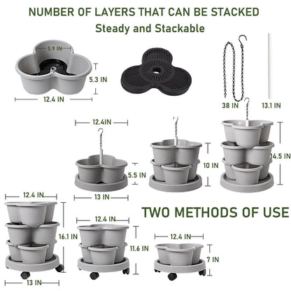 Birheatry Vertical Strawberry Planter 3 Tier Hanging Vertical Gardening Stackable Planter, Hanging Strawberry Planter Pot for Strawberries, Flowers, Herbs, Vegetables with Removable Wheels and Hooks