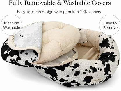 Round Dog Bed – Natural Canvas, Removable Washable Cover, Raw Cotton or Latex Fill, Hypoallergenic Non-Toxic, Made in USA (Cow Print Black White, Small, Firm Support – Raw Cotton)