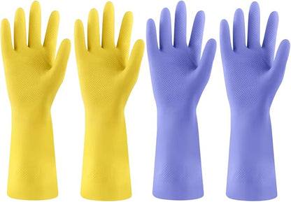 Rubber Kitchen Dishwashing Gloves - 4 Pairs Colorful Reusable Cleaning Gloves for Kitchen Washing Dishes and Household Cleaning(Large, Yellow+Blue)