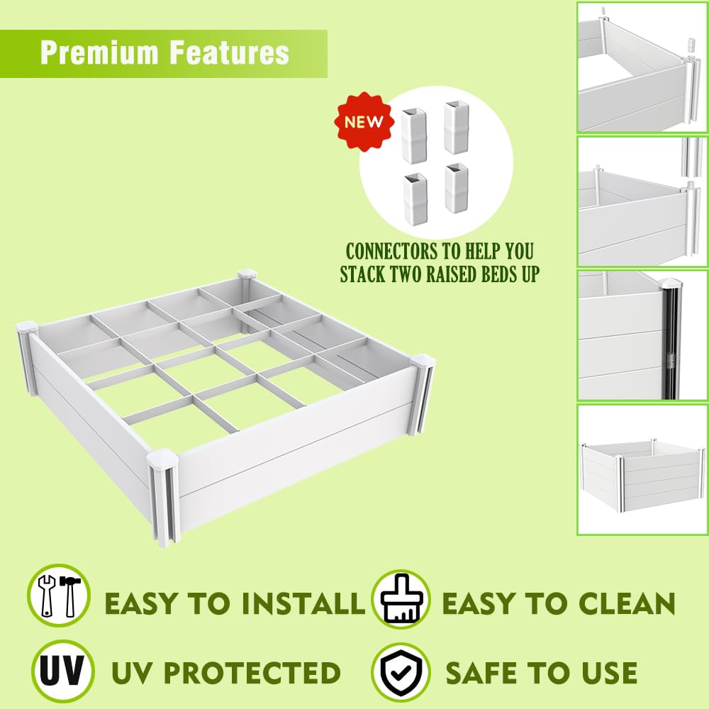 Kdgarden Raised Garden Bed Kit 4'x4' Outdoor Above Ground Planter Box for Growing Vegetables Flowers Herbs, DIY Gardening, Whelping Pen and More, Screwless White Vinyl Garden Bed with Grid