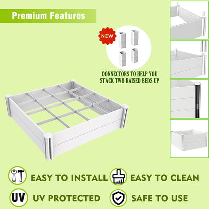 Kdgarden Raised Garden Bed Kit 4'x4' Outdoor Above Ground Planter Box for Growing Vegetables Flowers Herbs, DIY Gardening, Whelping Pen and More, Screwless White Vinyl Garden Bed with Grid