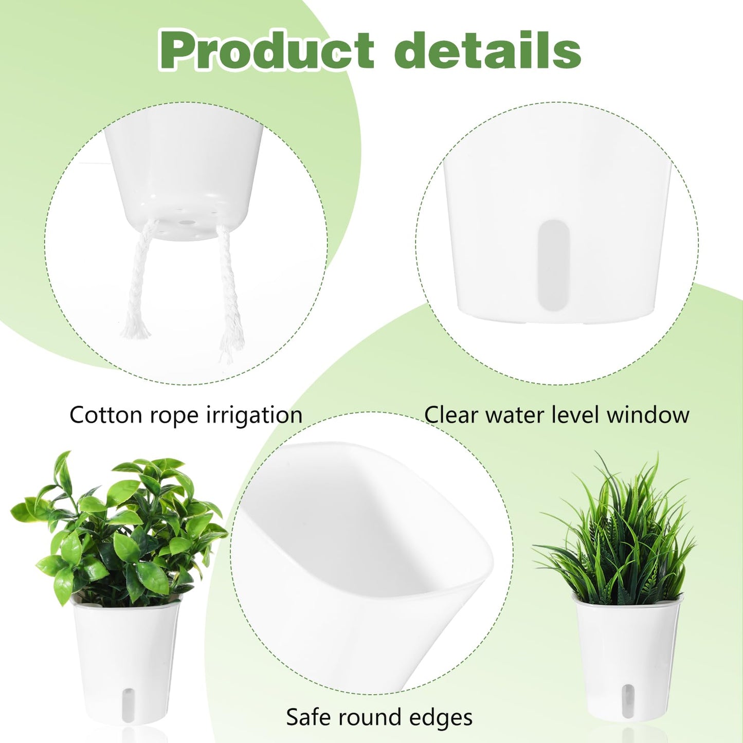 Meyeyaia 20 Pcs 3 Inch Self Watering Pots for Indoor Plants, White Plastic Self Watering Planters with Wicking Rope Visual Water Level & Vent Holes for Succulents, Flowers Indoor Outdoor