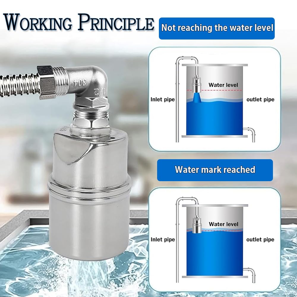 Automatic Water Level Control Valve, 3/4 to 1/2 Inch Float Ball Valve, Float Valve, 304 Stainless Steel Water Level Control Float Valve for Tank, Swimming Pool, Pond, Fish Tank, Livestock Troughs.
