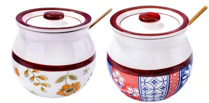 BOSILI Ceramic Spice Jar Set of 2, Airtight Canisters with Lids and Spoons, Floral and Geometric Pattern Containers for Spices, Sugar, Coffee and Tea