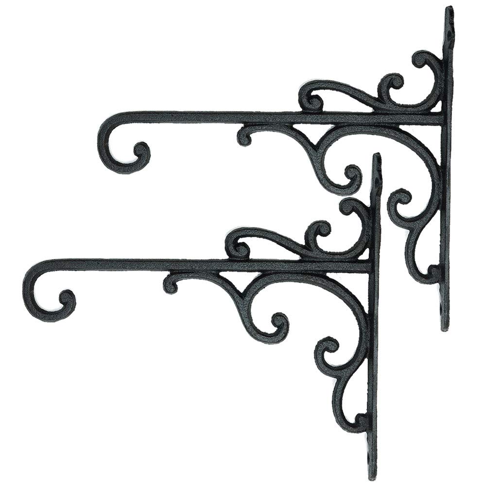 Sungmor Cast Iron Wall Hook Plant Hangers - Home & Garden Heavy Duty Hanging Bracket Plant Hooks - 2PC BLACK Decorative Wall Mount Hooks for Hanging Planter Pot Bird Feeder Birdcage Lantern Wind Chime