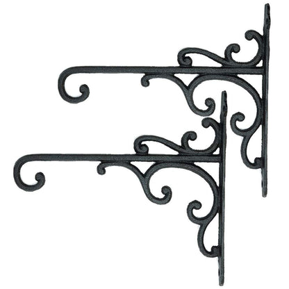 Sungmor Cast Iron Wall Hook Plant Hangers - Home & Garden Heavy Duty Hanging Bracket Plant Hooks - 2PC BLACK Decorative Wall Mount Hooks for Hanging Planter Pot Bird Feeder Birdcage Lantern Wind Chime