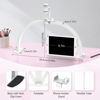 Yokilly Half Moon Nail Desk Lamp with Phone Holder, 23in, Aluminum, 3 Color Modes, 10 Brightness Levels, Small, White