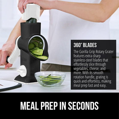 GORILLA GRIP Slip-Resistant Rotary Cheese Grater with 3 Interchangeable Blades to Shred Slice and Grate, Hand Crank Vegetable Chopper Mandolin, Slicer for Veggie Onion, Home and Kitchen Gadgets, White