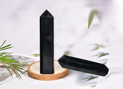 AMOYSTONE Obsidian Crystal Tower 4-4.5 Lbs Protective Stone Wand Natural Hexagonal Obelisk Column Centerpiece for Bookshelf Entryway Hallway Stand Focal Point Tabletop