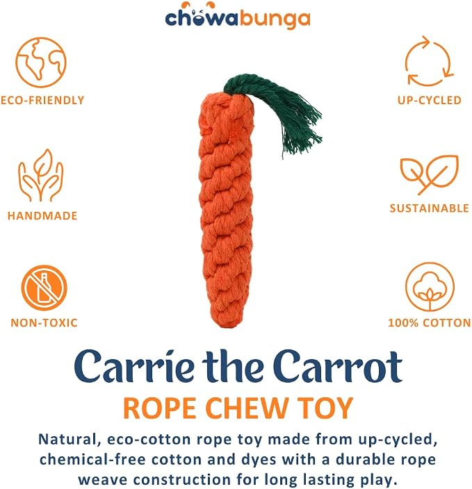 Carrot Dog Toy 5.5 Inch Handmade Eco Cotton Rope Dog Toy Carrot Chew Toy for Dogs - Made with Natural, Non-Toxic Dyes - Carrot Toy Great for Puppy Teething Toys and Cats (Orange) 2PK