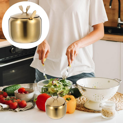 LABRIMP Sugar Bowl with Lid and Spoon Stainless Steel Seasoning Jar Condiment Pot Compact Spice Container for Home Kitchen Dining 3.74X3.34X3.34In