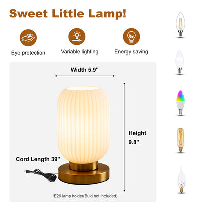 HSMKL Modern Ribbed Glass Table Lamps Mid Century Bedside Light Small Nightstand Lamp with Plug-in Style, E26 Ambient Lighting for Bedroom Living Room Tabletop, Milky White