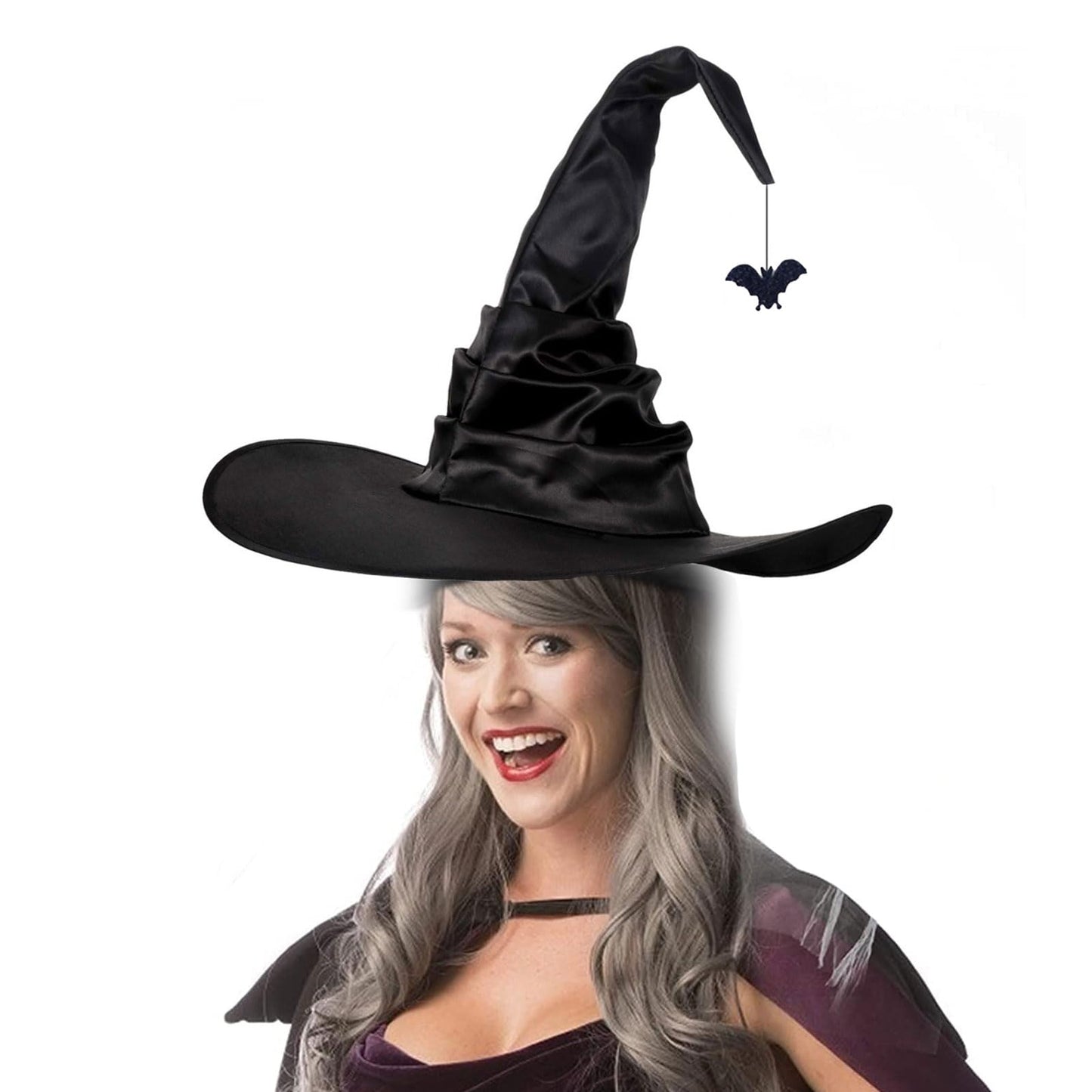Seasons Stars SSDecor 2025 Halloween Witch Hat with Handcrafted Pleating and Glittery Bat Pendant, Halloween Costume Accessory Black Witch Hat for Adult's