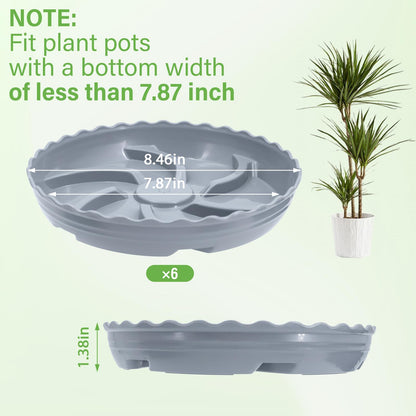 ittyfei 6 Pack 8 Inch Plant Trays for Pots, Raised Ridge Plant Saucers,6 10 12 14 Inch Durable Plastic Plant Pot Saucer,Gray Round Plant Water Catcher Tray for Indoors and Outdoors(Gray, 8‘’6pack)