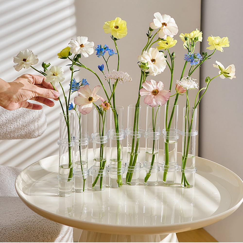 8PCS Test Tube Vases Decorative Glass Flower Vase Hinged Flower Vases Planter Flower Arranging Container Hydroponic Flower Holder Decor with 15PCS Hooks and 2PCS Brushes (VASES- A)