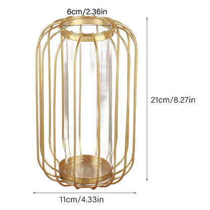 Yosoo Lantern Shaped Iron Vase, Simple Design Glass Hydroponic Terrarium for Plants, with Test Tube Glass, Fits Home Office Decoration (Champagne Gold Trumpet)