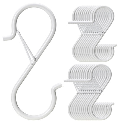 iCafePub 24 PCS S Hooks for Hanging with Safety Buckle, 3.5 inch Heavy Duty Metal S Shaped Hooks Stainless Steel for Hanging Kitchen Utensil, Cups, Pots, Plants, Bags, Hats (White)