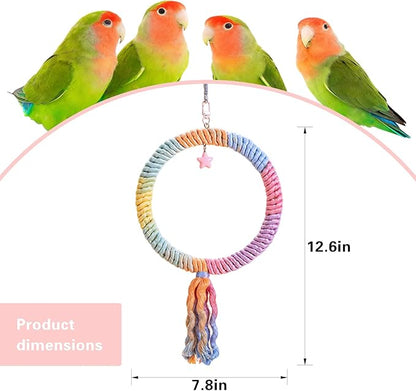 Bird Swing,Gradient Colorful Cotton Rope Bird Swing Cage Hanging Toys,Bird Cage Climbing Rope Toys Accessories,for Cockatiel Conure Cockatoo Parakeet Cage Hanging Decor(Round,Diameter:7.9")