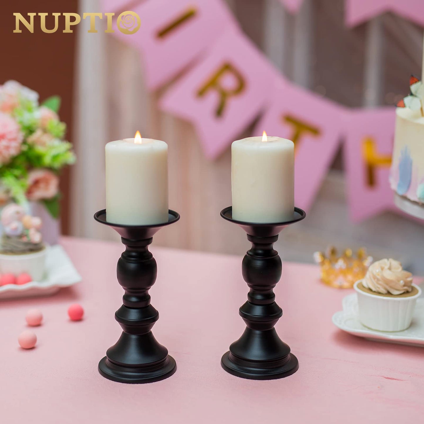 NUPTIO 2 Pcs Candle Holders for Pillar Candles, Black Candle Holder for 50mm Candles Christmas Halloween Mantlepiece Decorations, Ideal for Weddings Special Events Party Living Room