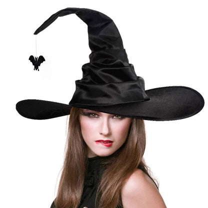 Seasons Stars SSDecor 2025 Halloween Witch Hat with Handcrafted Pleating and Glittery Bat Pendant, Halloween Costume Accessory Black Witch Hat for Adult's