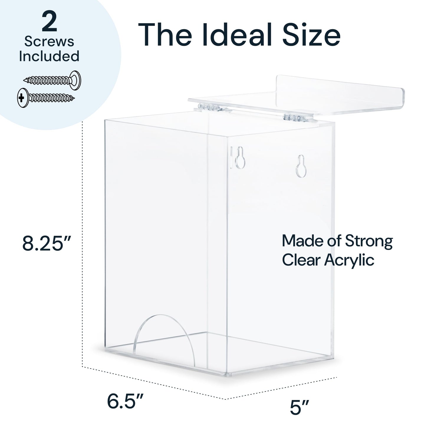 SimplyImagine Clear Acrylic Glove Dispenser - Storage Wall Mount Storage for Hairnets, Masks, and Laundry Pods - 8.25" H x 6.5" W x 5" Holder for Estheticians and Home - Hardware Included
