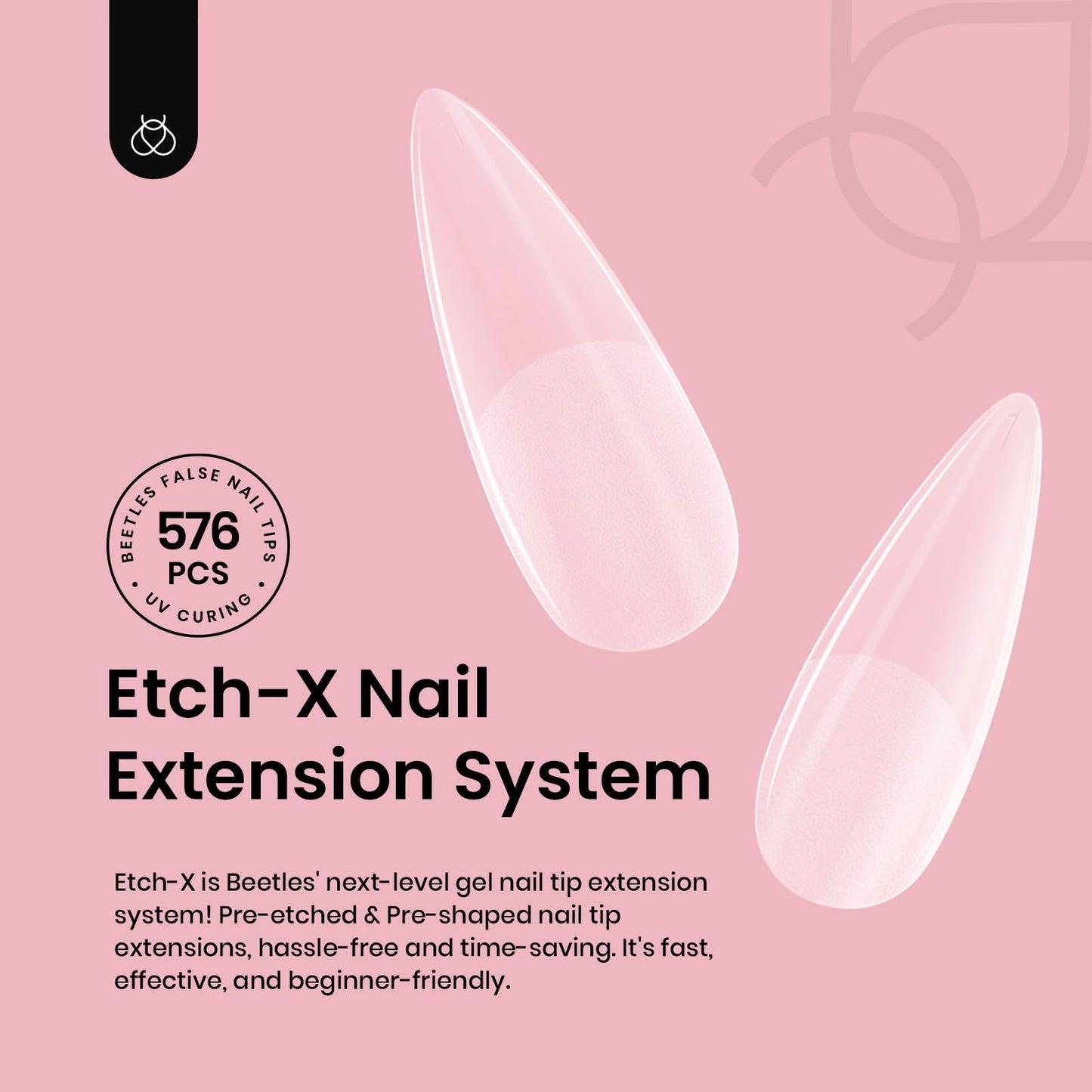 Beetles Gel Nail Kit Short Almond with Nail Dehydrator and Primer, 576Pcs Half Matte Etch-X Gel Nail Tips Solid Nail Glue Mini Nail Lamp Acrylic Nail Tips Easy DIY Nail Extension Set Gift for Women