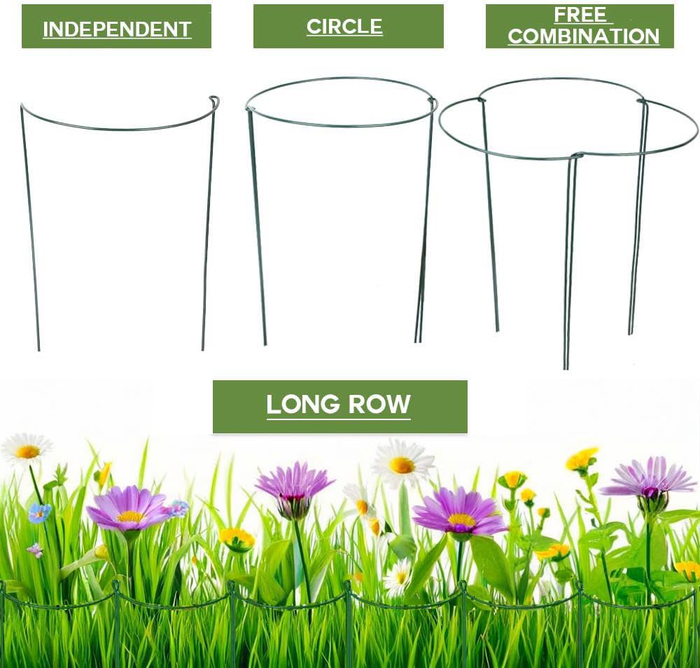 8 Pack Half Round Plant Support Stakes, Green Metal Garden Plant Supports, 9.8”W x15.7”H Plant Support Rings with 20 Pcs Plant Clips for Indoor Outdoor Plants