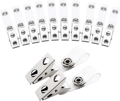 Fushing 100Pcs Metal Badge Clips with Clear PVC Straps for ID Cards and Badge Holders
