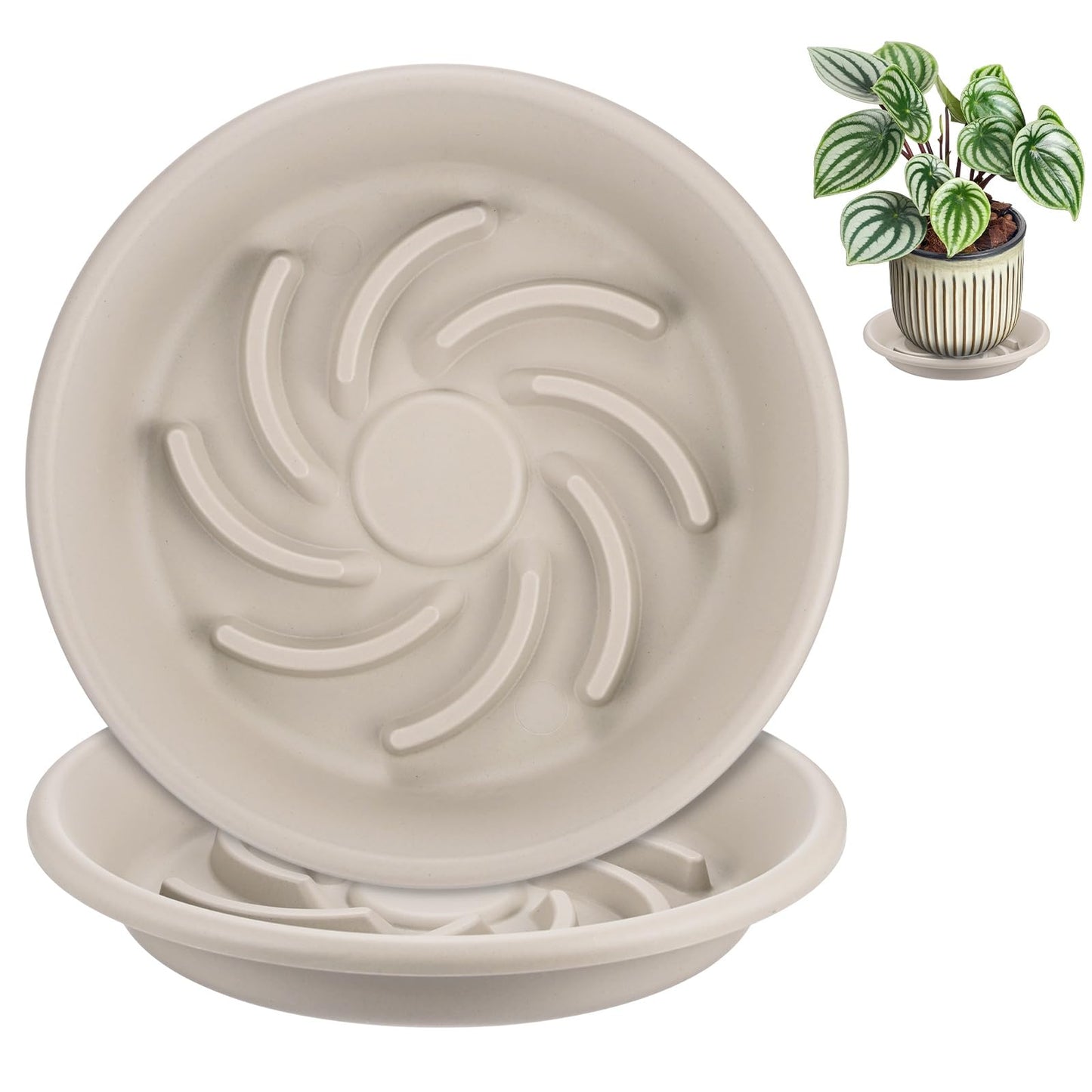 M METERXITY 2-Pack Plant Saucers, 7.3 Inch ID Anti-Rot Root Resin Flower Pot Plant Saucers for Indoor/Outdoor, Flowerpot Drip Tray [9.4 Inch OD, Gray White]