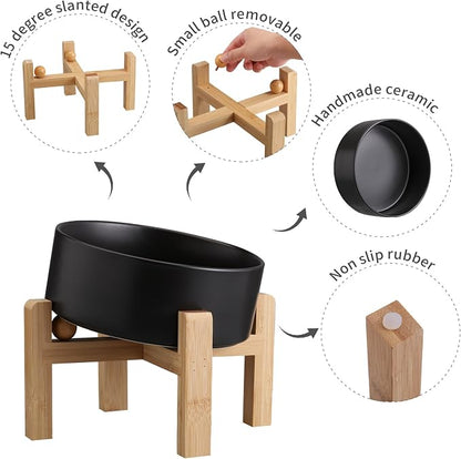 Black Elevated/Raised 15°Tilted Anti Slip Ceramic Dog Bowl for Medium & Large Breeds,Slanted Bulldog Big Face Pet Feeding Food Water Dish Stand for Dogs (7.6 Cups/60OZ)