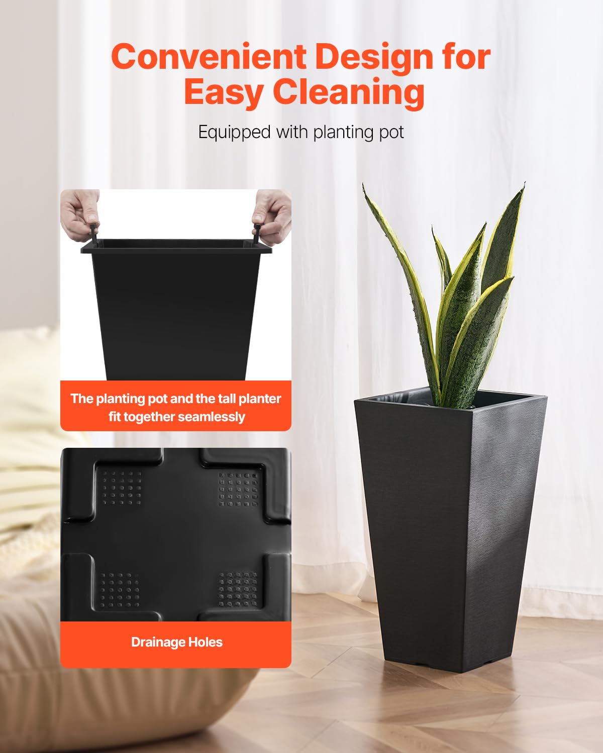VEVOR Set of 2 Tall Outdoor Planters 22inch, Large Planters for Outdoor Indoor Plants, Black Front Porch Planter Flower Tree Plant Pots with Modern Design and Built-in Drainage