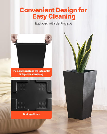 VEVOR Set of 2 Tall Outdoor Planters 22inch, Large Planters for Outdoor Indoor Plants, Black Front Porch Planter Flower Tree Plant Pots with Modern Design and Built-in Drainage