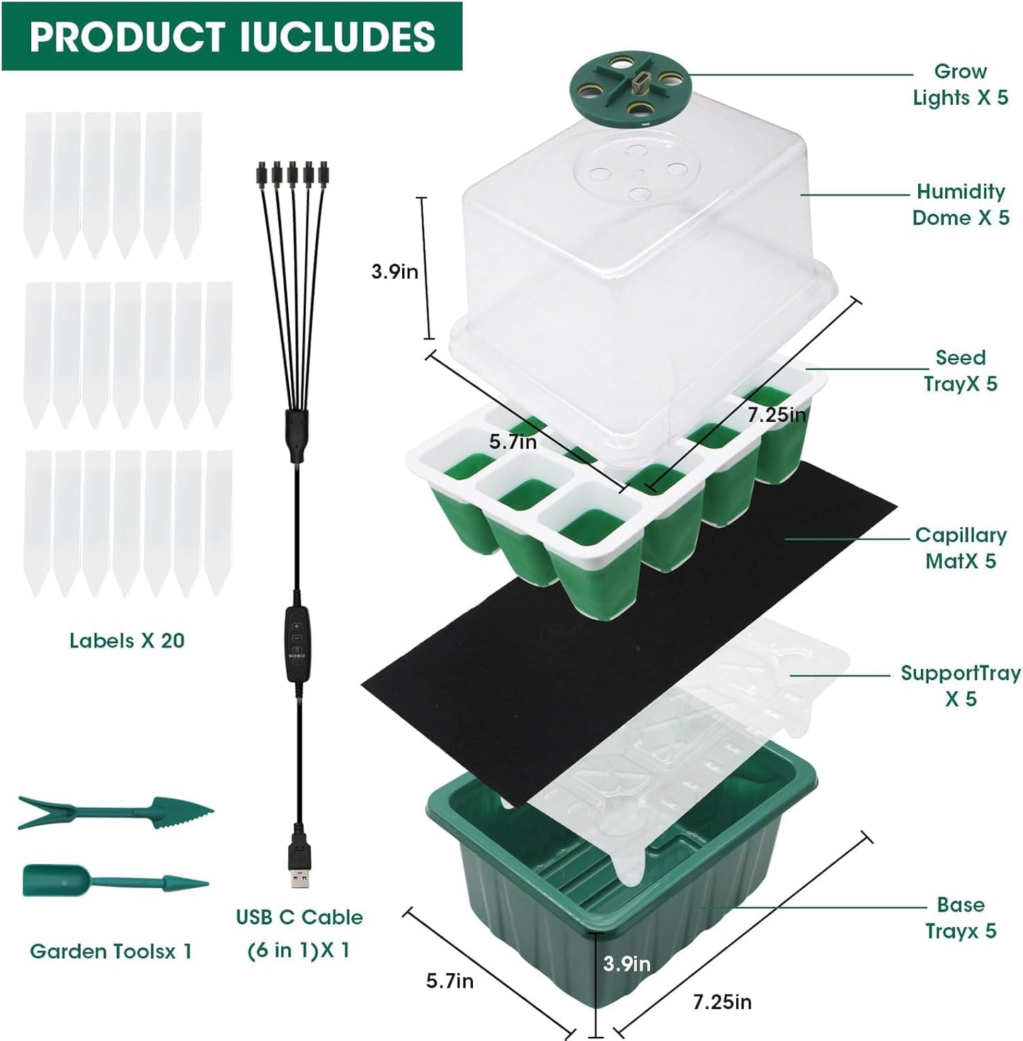 MYMULIKE Seed Starter Tray with Grow Light,5 Pack 60 Cells Seedling Tray Kit Reusable & Dishwasher Safe for Starting Vegetable, Flower & Herb Seeds Indoor Grow Kit for Deep-Rooted Seedlings