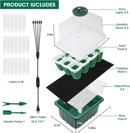 MYMULIKE Seed Starter Tray with Grow Light,5 Pack 60 Cells Seedling Tray Kit Reusable & Dishwasher Safe for Starting Vegetable, Flower & Herb Seeds Indoor Grow Kit for Deep-Rooted Seedlings