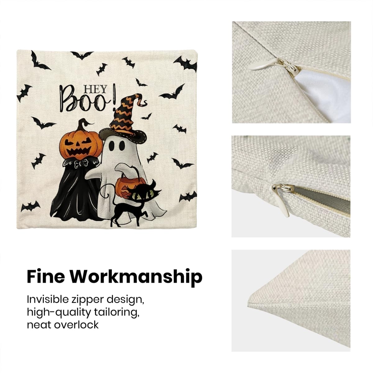 Halloween Pillow Covers 18 x 18 Inch Set of 2 Hey Boo Ghost Spooky Jack-O'-Lantern Pumpkin Throw Pillows Outdoor Decorative Black Cat Bats Pillowcases Linen Cushion Cases for Home Bed Sofa Couch