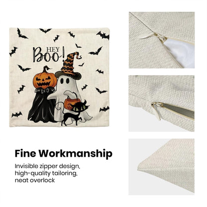 Halloween Pillow Covers 18 x 18 Inch Set of 2 Hey Boo Ghost Spooky Jack-O'-Lantern Pumpkin Throw Pillows Outdoor Decorative Black Cat Bats Pillowcases Linen Cushion Cases for Home Bed Sofa Couch