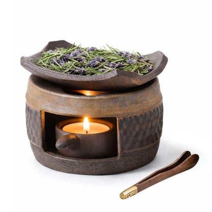 Zen Ceramic Incense Holder with Wooden Tongs, Tealight Wax Warmer and Essential Oil Burner for Wax Melts, Dried Herbs and Palo Santo, Aromatherapy Stove for Bedtime Calm, Meditation, Home and Office