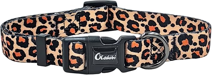 Dog Collar Leash Set, Leopard Pattern, Polyester Material, Adjustable Collar and 5ft Matching Leash, for Medium Dogs.(M, Yellow Leopard)
