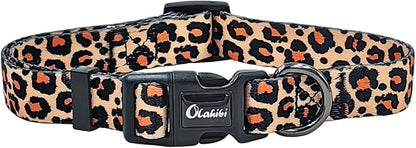Dog Collar Leash Set, Leopard Pattern, Polyester Material, Adjustable Collar and 5ft Matching Leash, for Medium Dogs.(M, Yellow Leopard)