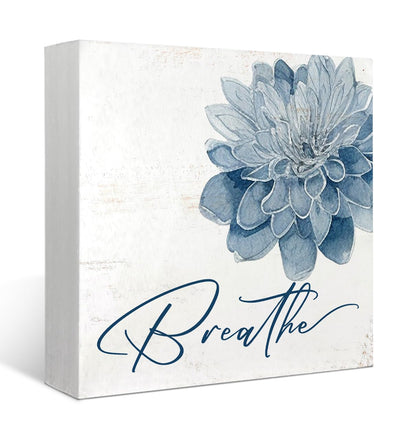 Mtrgdn Blue Bathroom Decor,Spa Bathroom Decor and Accessories,Breathe Blue Flower Wooden Box Sig for Home Spa Room Beauty Salon Decoration,5X5 Inch