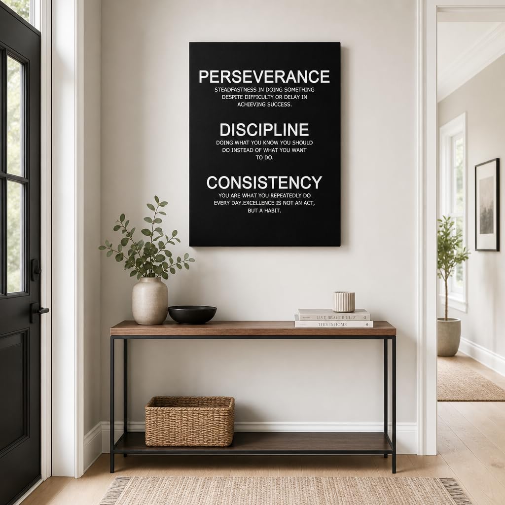 PJQART Inspirational Posters for Office Canvas Wall Art, Perseverance Discipline Consistency Definition Print for Home Office Dorm Classroom, Framed Black White, 24x18inch