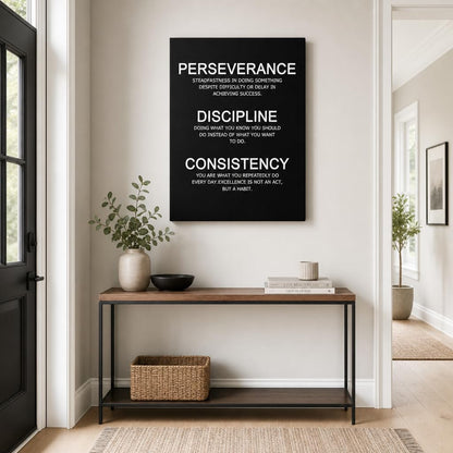 PJQART Inspirational Posters for Office Canvas Wall Art, Perseverance Discipline Consistency Definition Print for Home Office Dorm Classroom, Framed Black White, 24x18inch