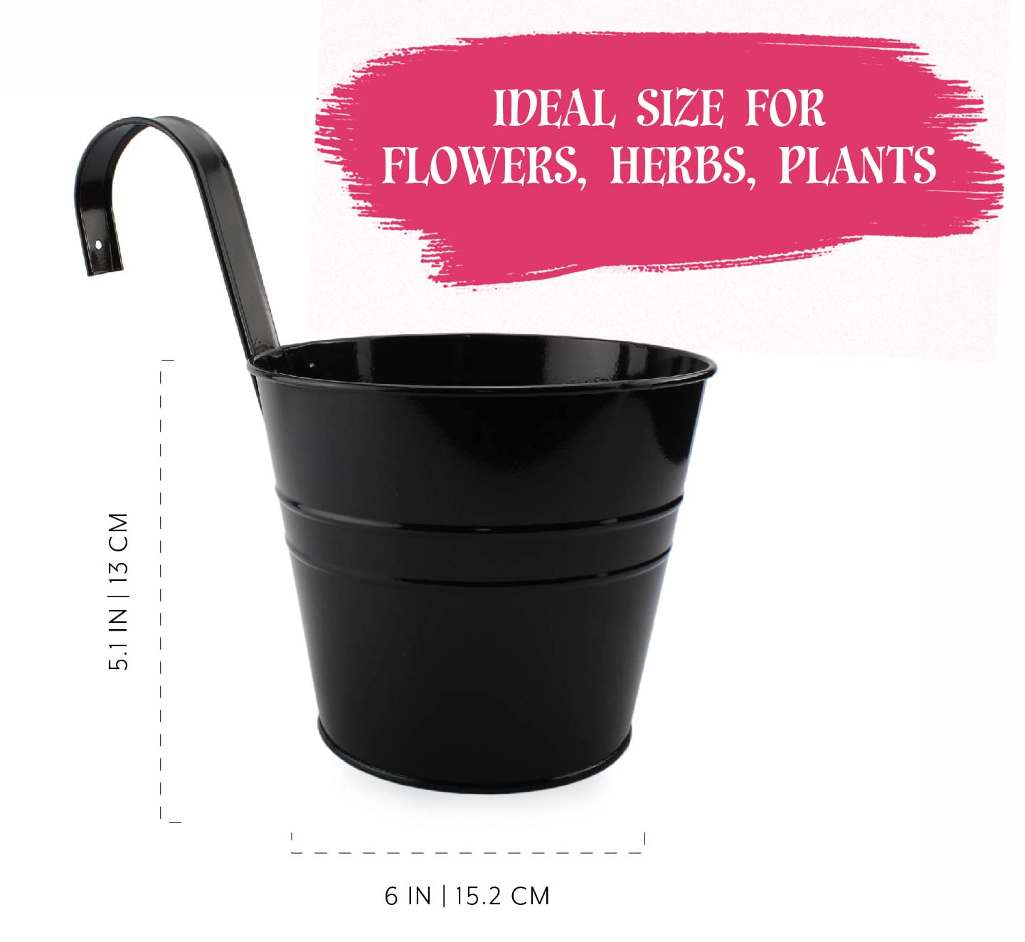 Darware 5-Pack of 6-Inch Black Metal Hanging Flower Pots with Drainage Holes for Indoor/Outdoor Use
