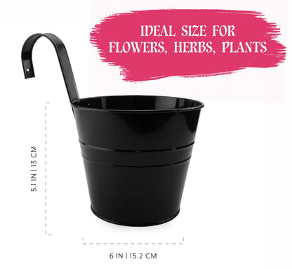 Darware 5-Pack of 6-Inch Black Metal Hanging Flower Pots with Drainage Holes for Indoor/Outdoor Use